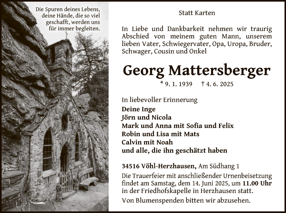  Traueranzeige für Georg Mattersberger vom 07.06.2025 aus WLZHNA