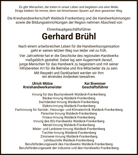 Traueranzeige von Gerhard Brühl von HNAWLZ