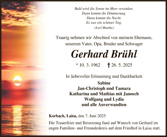 Traueranzeige von Gerhard Brühl von HNAWLZ