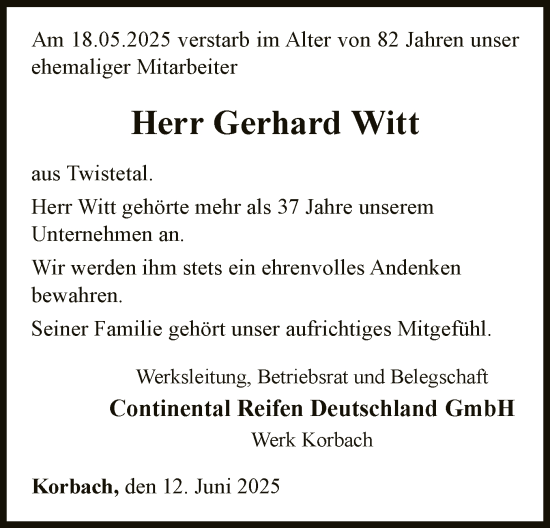 Traueranzeige von Gerhard Witt von WLZ