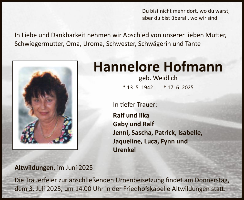  Traueranzeige für Hannelore Hofmann vom 28.06.2025 aus WLZ