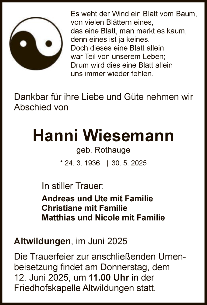  Traueranzeige für Hanni Wiesemann vom 07.06.2025 aus WLZ
