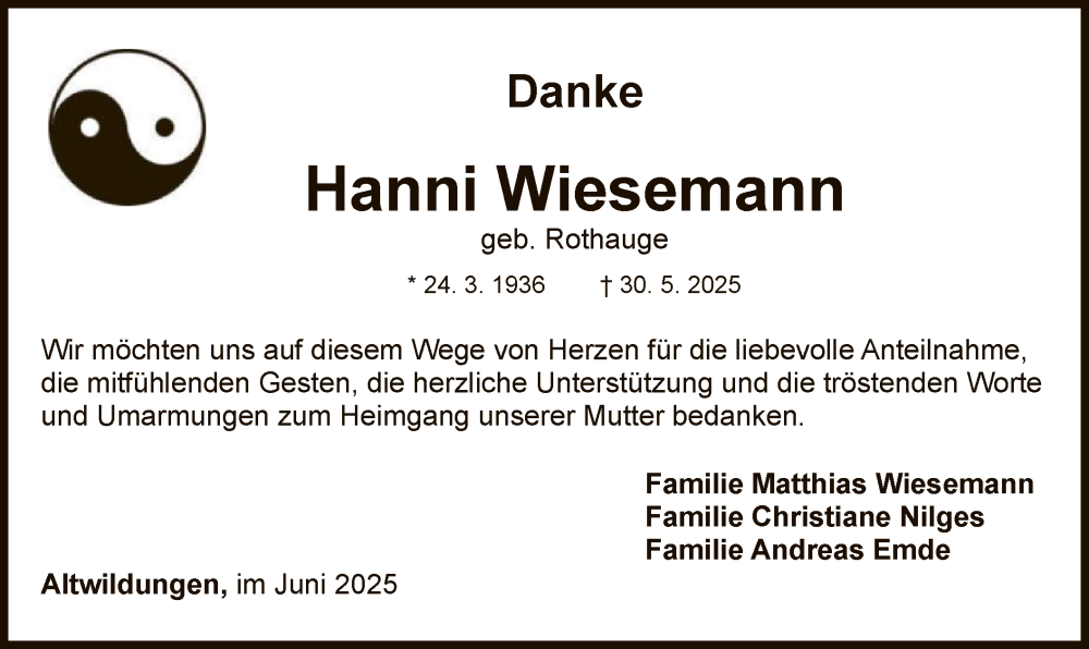  Traueranzeige für Hanni Wiesemann vom 28.06.2025 aus WLZ