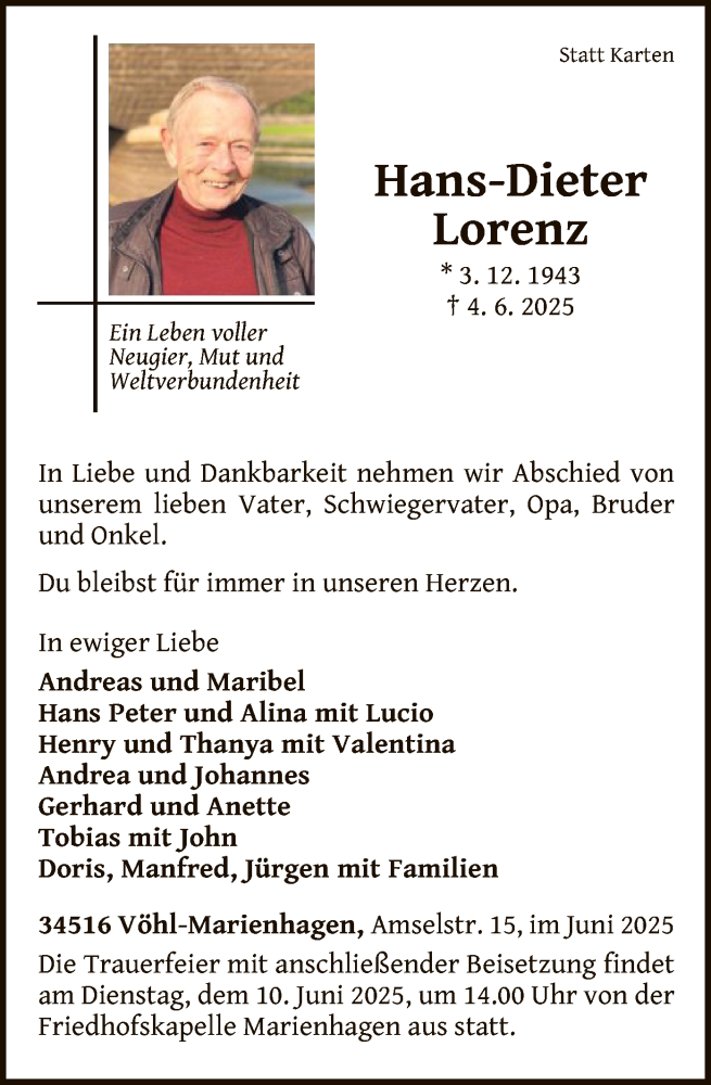  Traueranzeige für Hans-Dieter Lorenz vom 07.06.2025 aus WLZ