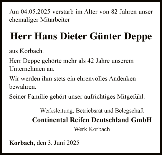 Traueranzeige von Hans Dieter Günter Deppe von WLZ
