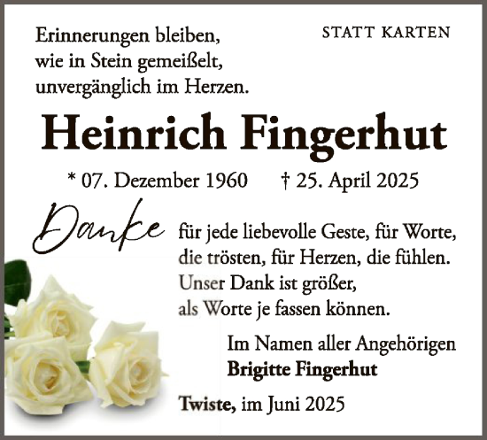 Traueranzeige von Heinrich Fingerhut von WLZ