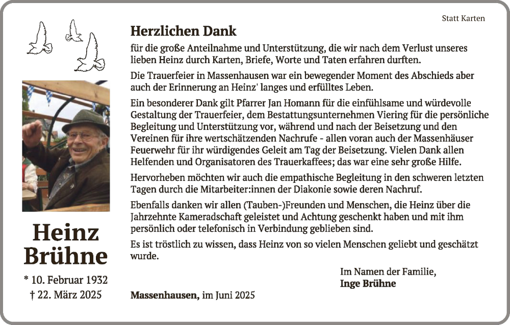  Traueranzeige für Heinz Brühne vom 28.06.2025 aus WLZ