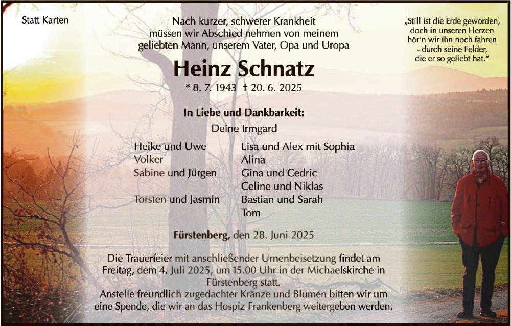  Traueranzeige für Heinz Schnatz vom 28.06.2025 aus WLZ