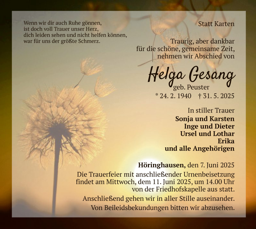  Traueranzeige für Helga Gesang vom 07.06.2025 aus WLZ