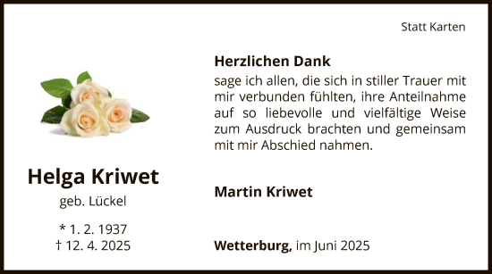 Traueranzeige von Helga Kriwet von WLZ