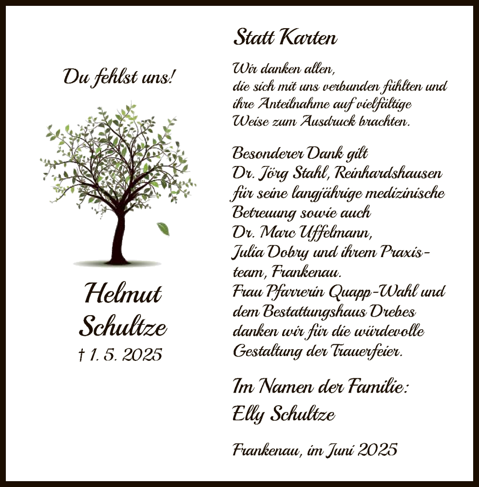  Traueranzeige für Helmut Schultze vom 07.06.2025 aus HNAWLZ