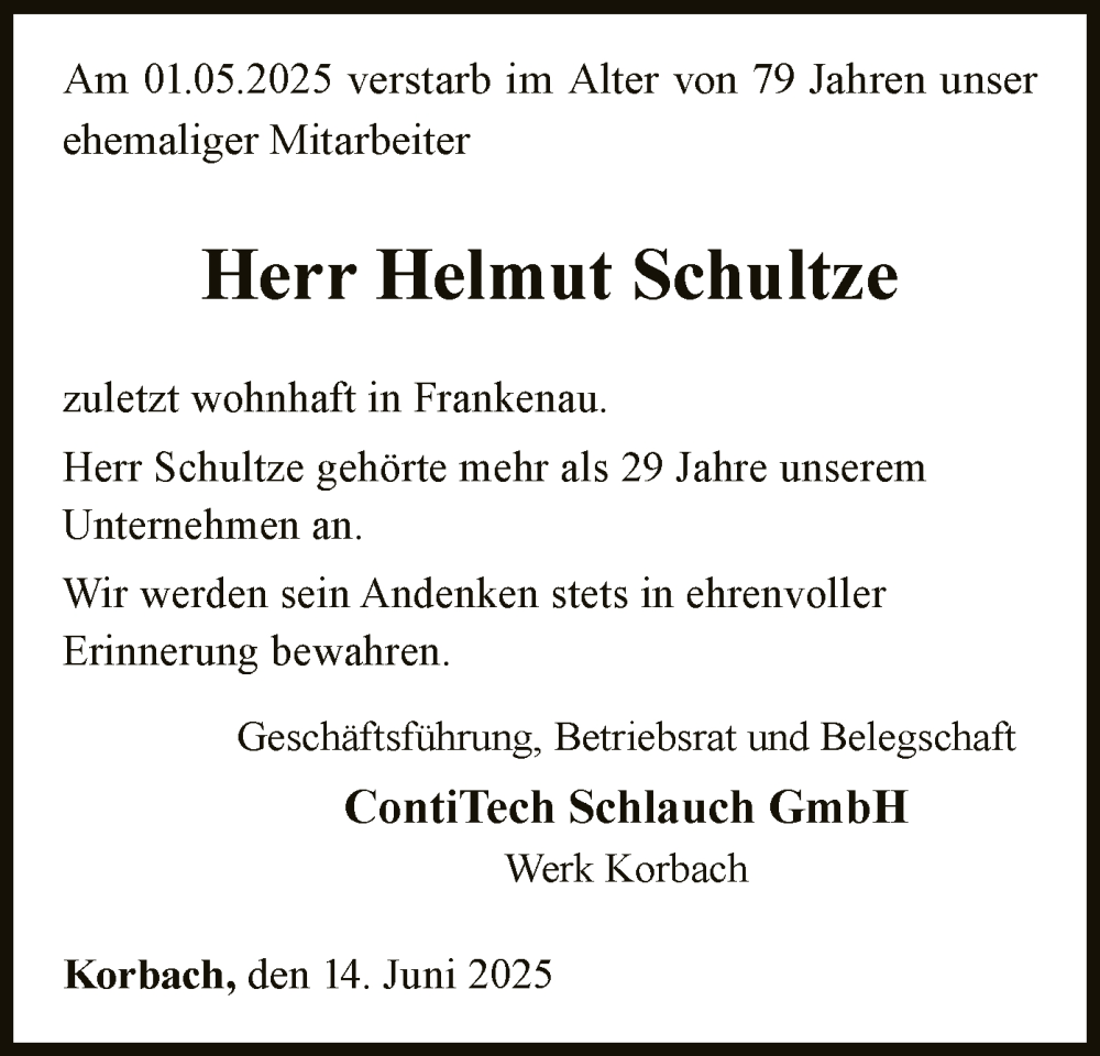  Traueranzeige für Helmut Schultze vom 14.06.2025 aus WLZ
