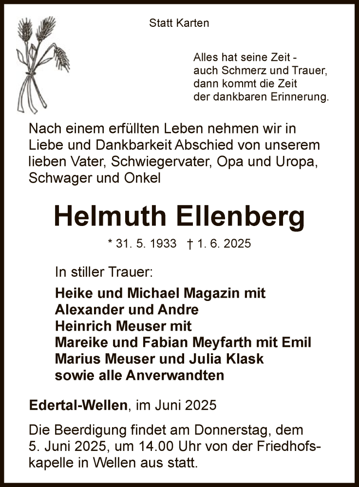  Traueranzeige für Helmuth Ellenberg vom 03.06.2025 aus WLZ