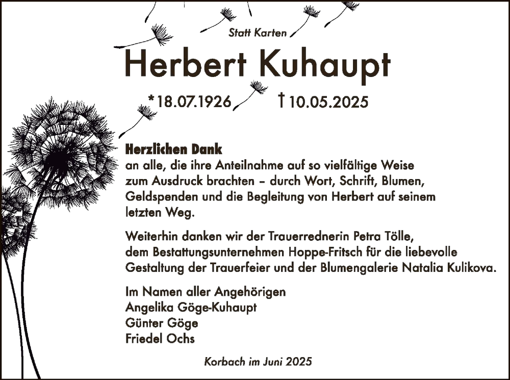  Traueranzeige für Herbert Kuhaupt vom 28.06.2025 aus WLZ