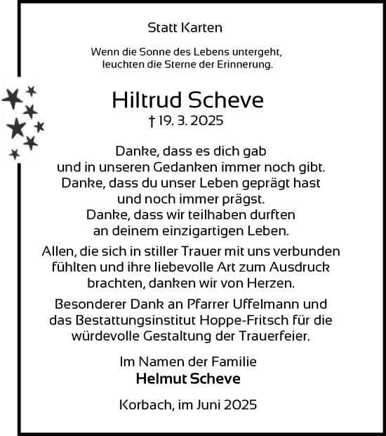 Traueranzeige von Hiltrud Scheve von WLZ