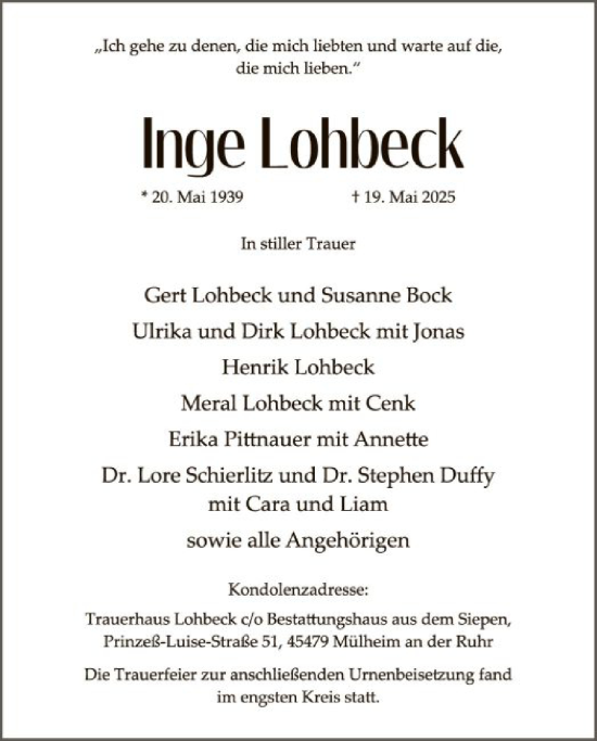 Traueranzeige von Inge Lohbeck von WLZ