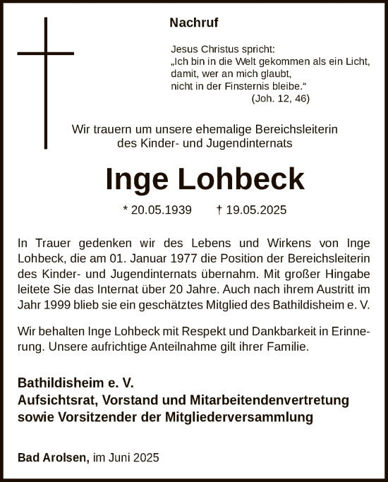 Traueranzeige von Inge Lohbeck von WLZ