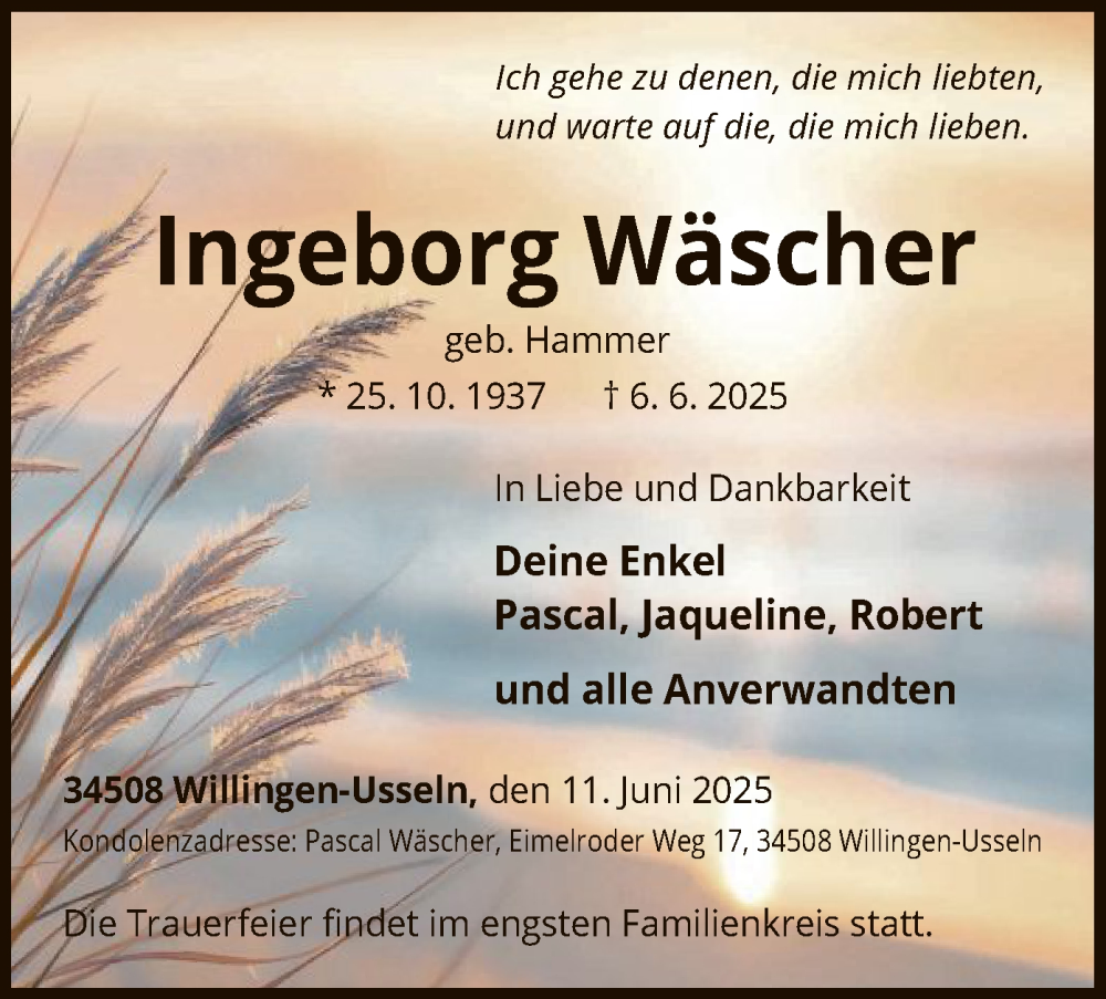  Traueranzeige für Ingeborg Wäscher vom 11.06.2025 aus WLZ