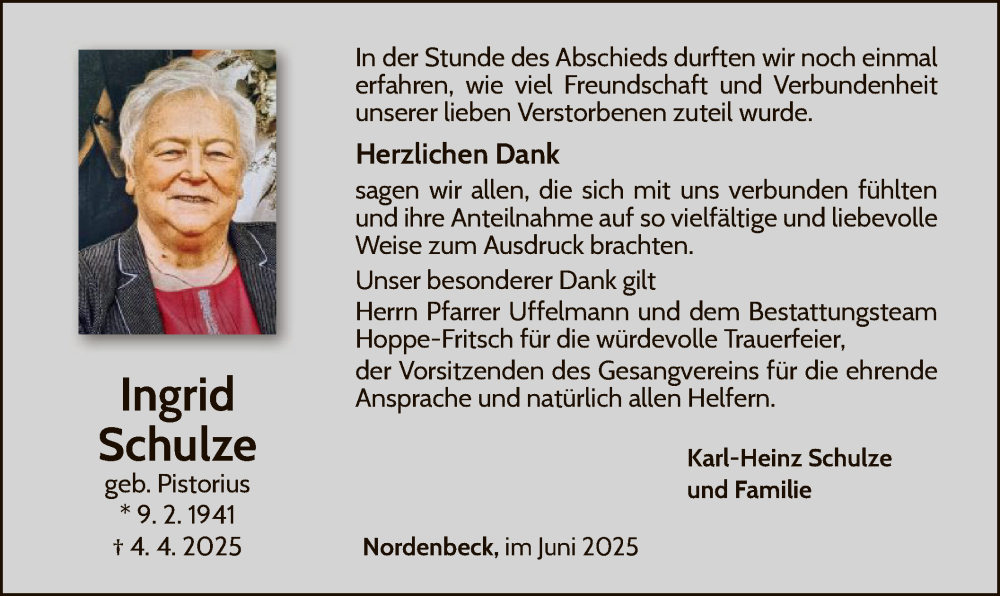  Traueranzeige für Ingrid Schulze vom 07.06.2025 aus WLZ