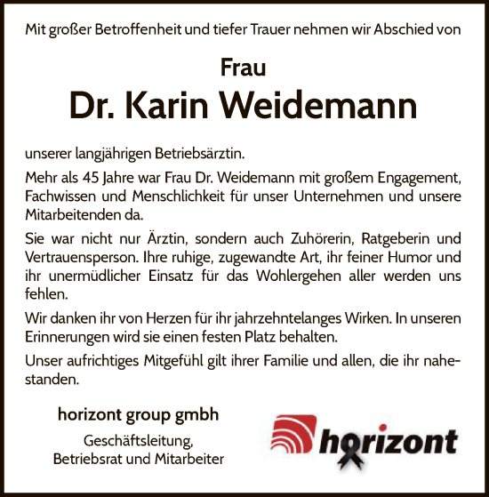 Traueranzeige von Karin Weidemann von WLZ