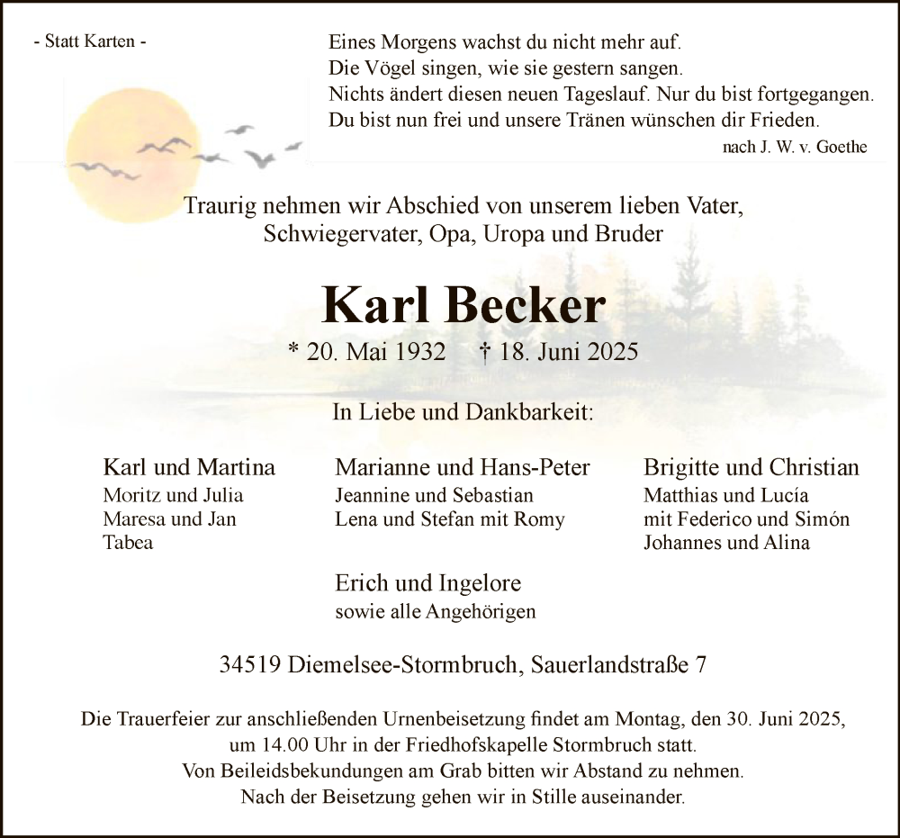  Traueranzeige für Karl Becker vom 25.06.2025 aus WLZ