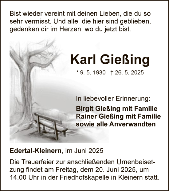 Traueranzeige von Karl Gießing von WLZ