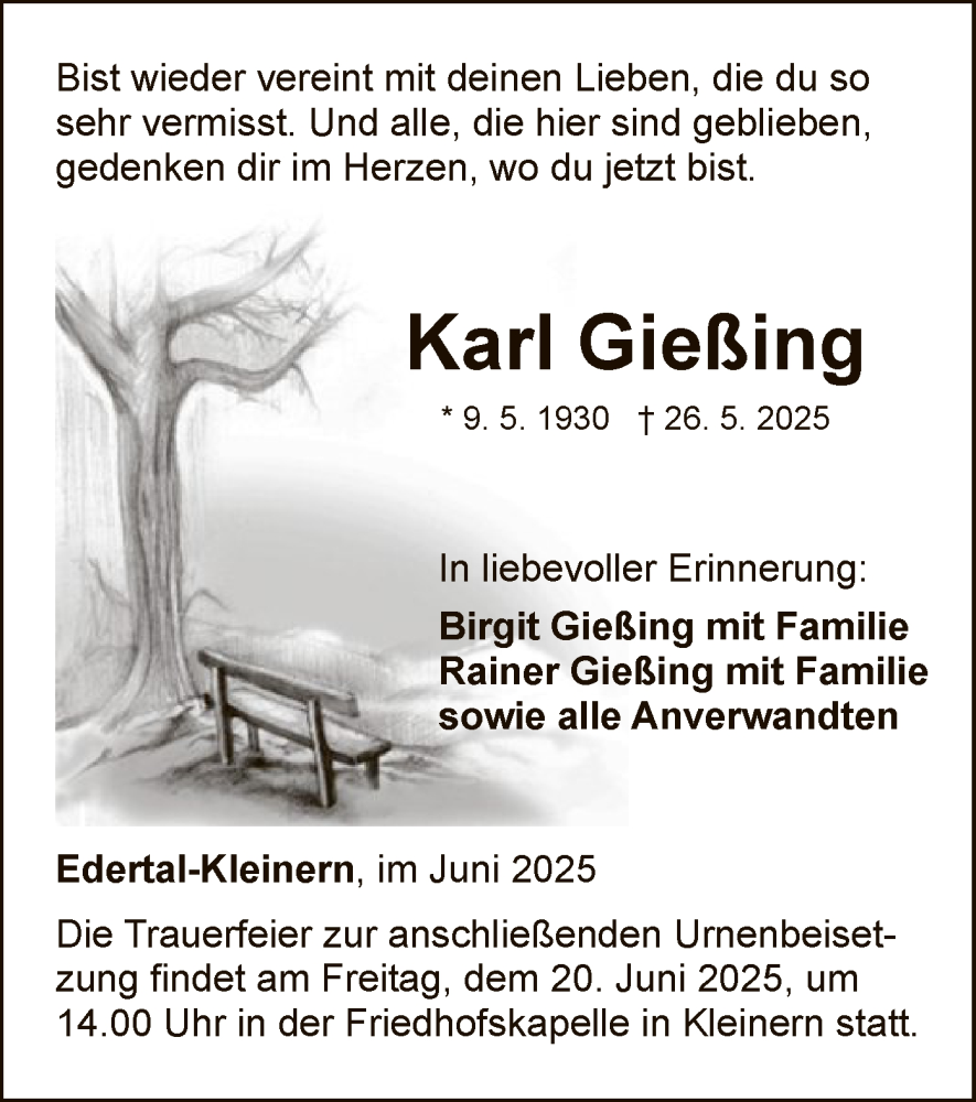  Traueranzeige für Karl Gießing vom 14.06.2025 aus WLZ