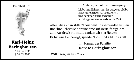 Traueranzeige von Karl-Heinz Bäringhausen von WLZ
