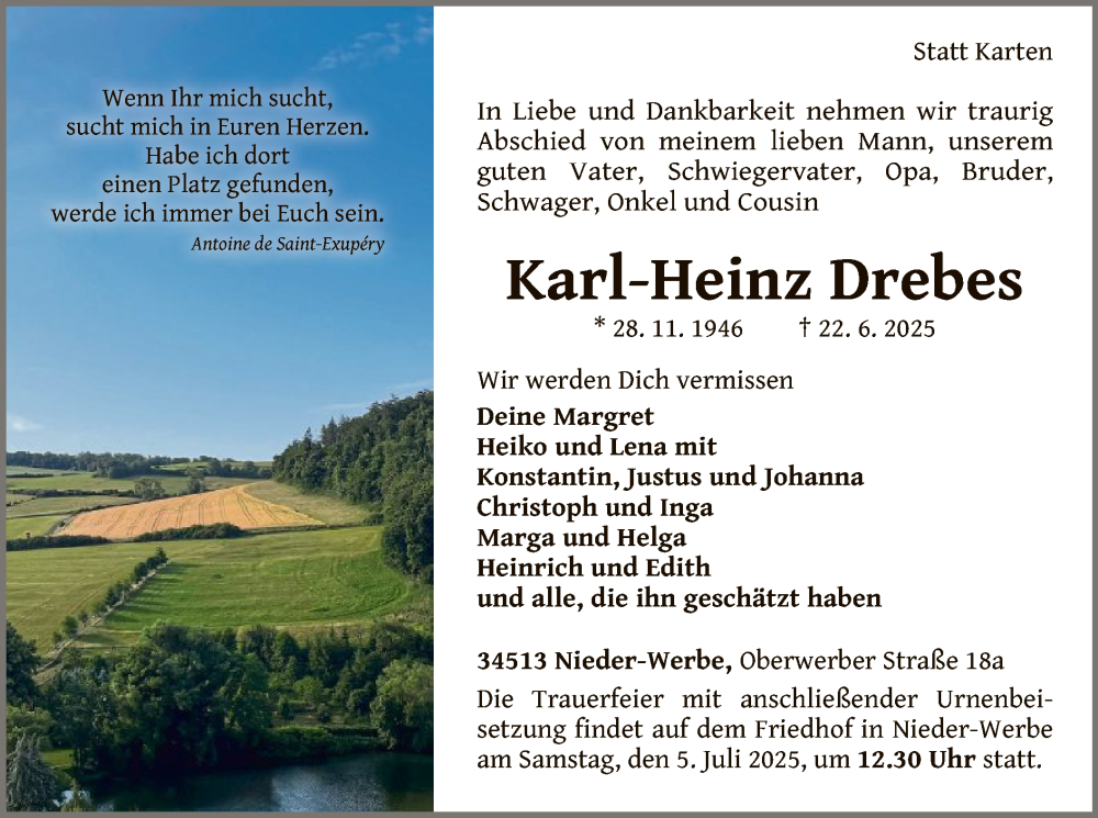  Traueranzeige für Karl-Heinz Drebes vom 28.06.2025 aus WLZ