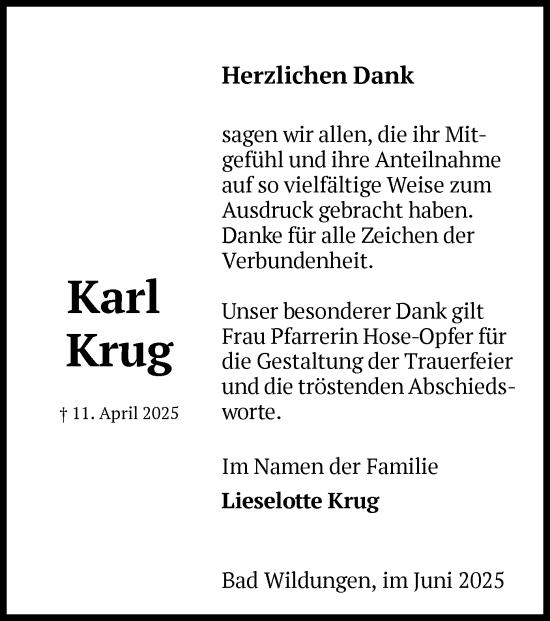 Traueranzeige von Karl Krug von WLZ
