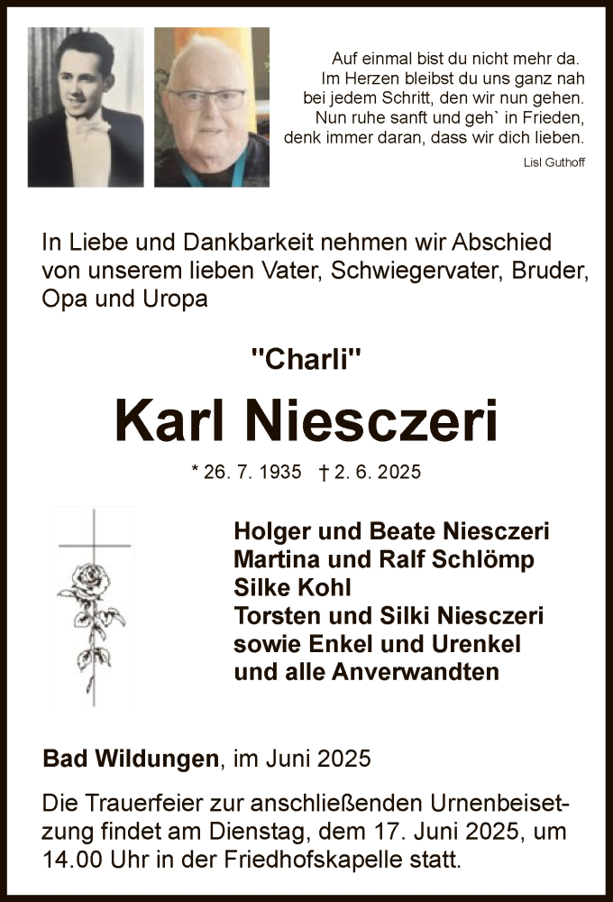  Traueranzeige für Karl Niesczeri vom 14.06.2025 aus WLZ