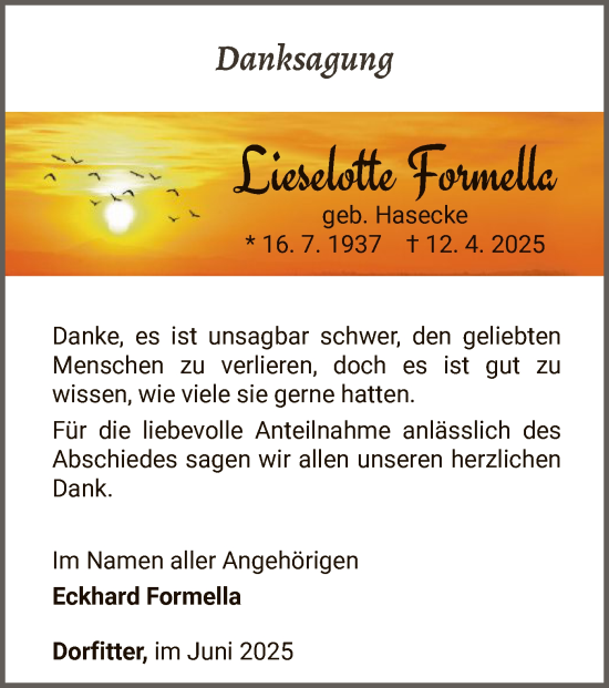 Traueranzeige von Lieselotte Formella von WLZ