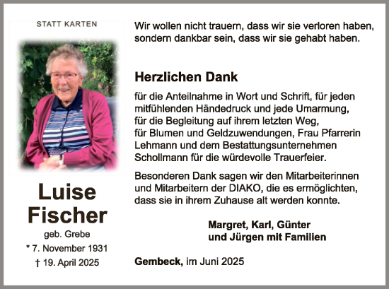 Traueranzeige von Luise Fischer von WLZ
