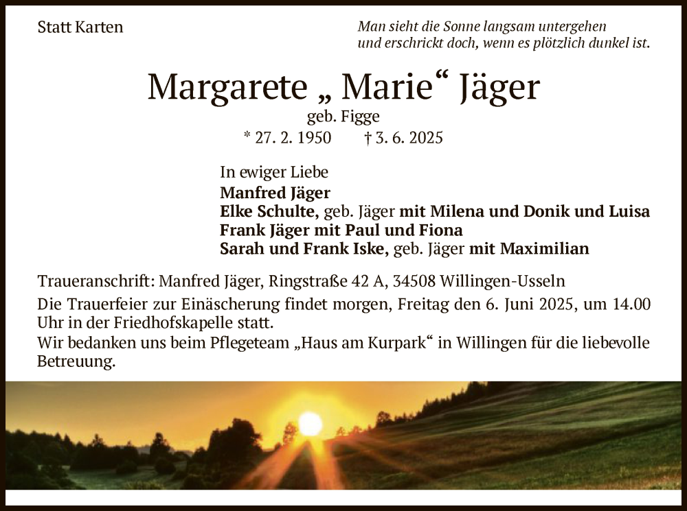  Traueranzeige für Margarete Jäger vom 05.06.2025 aus WLZ