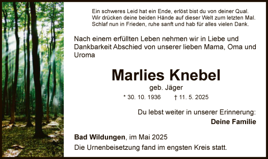 Traueranzeige von Marlies Knebel von WLZ