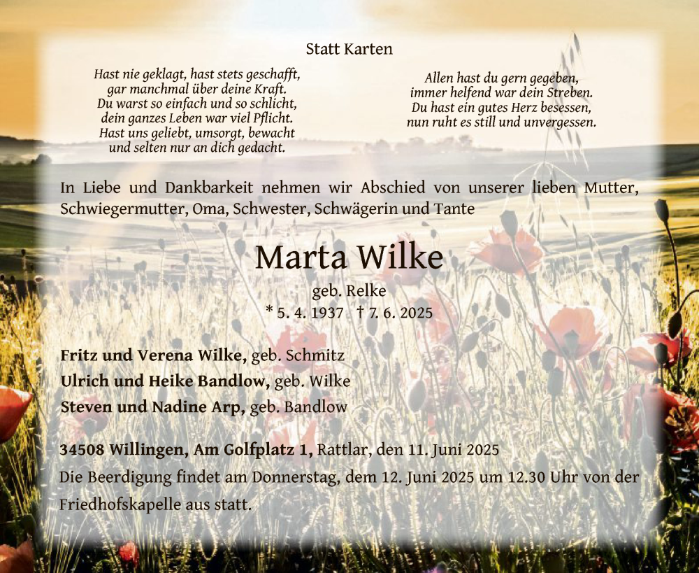  Traueranzeige für Marta Wilke vom 11.06.2025 aus WLZ