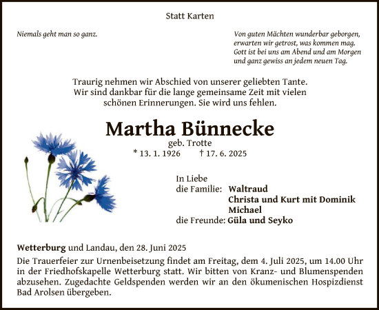 Traueranzeige von Martha Bünnecke von WLZ