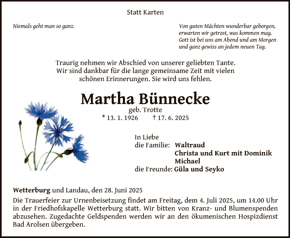  Traueranzeige für Martha Bünnecke vom 28.06.2025 aus WLZ