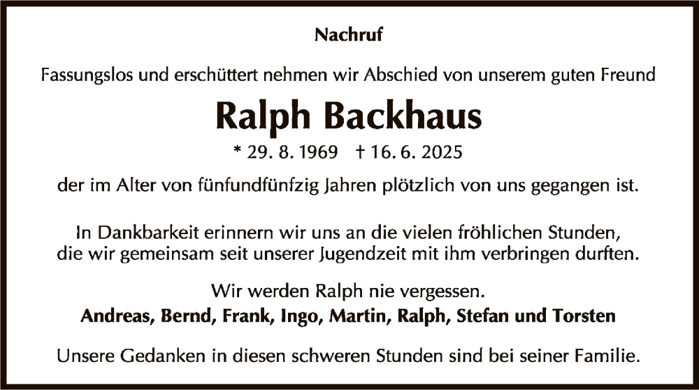  Traueranzeige für Ralph Backhaus vom 23.06.2025 aus WLZ