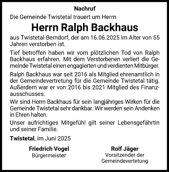 Traueranzeige von Ralph Backhaus von WLZ