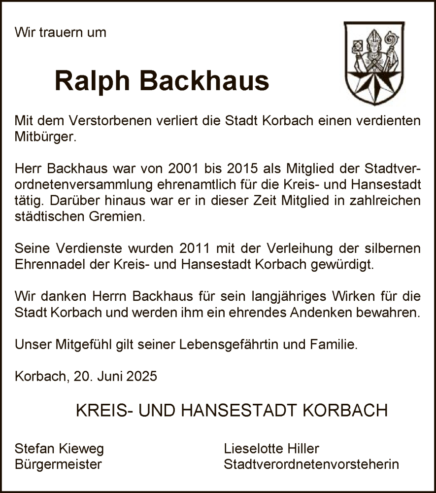  Traueranzeige für Ralph Backhaus vom 21.06.2025 aus WLZ