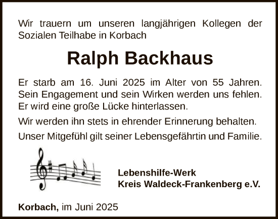 Traueranzeige von Ralph Backhaus von WLZ