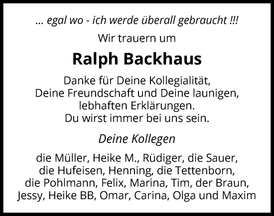 Traueranzeige von Ralph Backhaus von WLZ