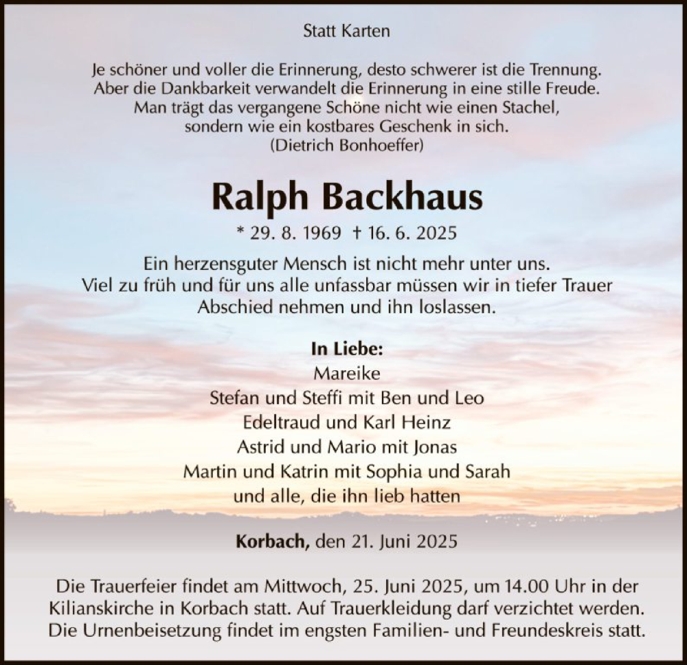  Traueranzeige für Ralph Backhaus vom 21.06.2025 aus WLZ
