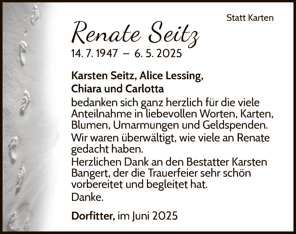  Traueranzeige für Renate Seitz vom 07.06.2025 aus WLZ