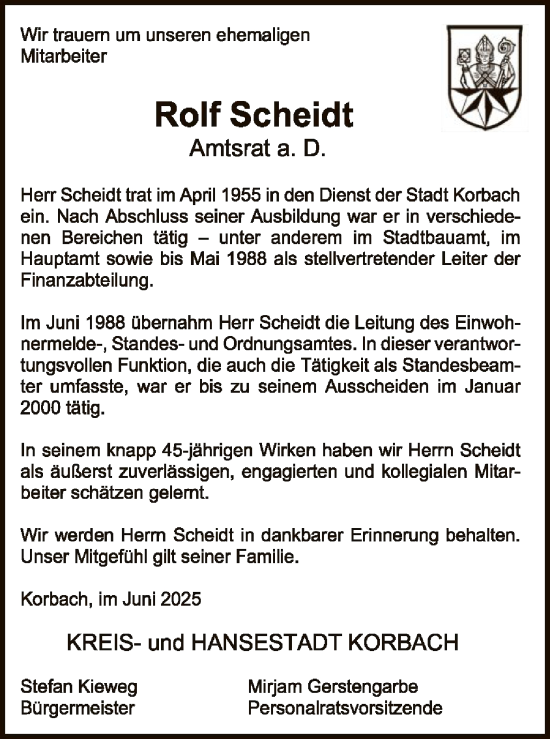Traueranzeige von Rolf Scheidt von WLZ