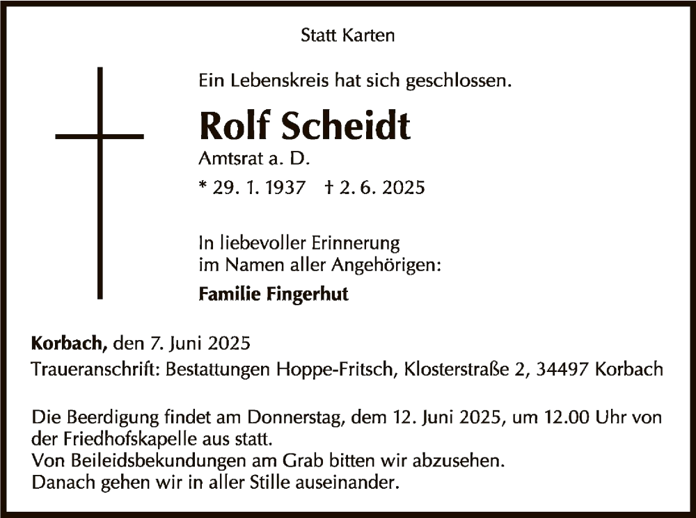  Traueranzeige für Rolf Scheidt vom 07.06.2025 aus WLZ