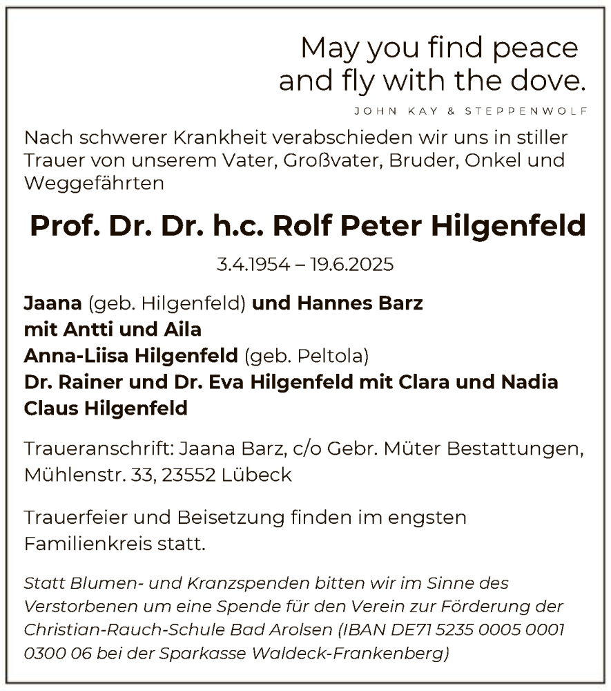  Traueranzeige für Rolf Peter Hilgenfeld vom 28.06.2025 aus WLZ