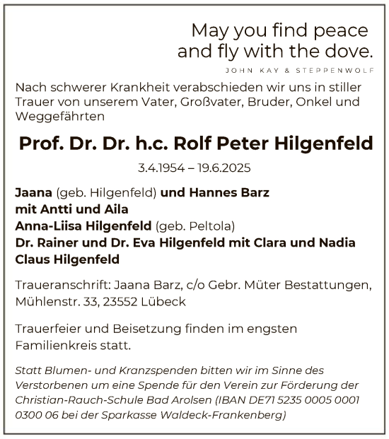 Traueranzeige von Rolf Peter Hilgenfeld von WLZ