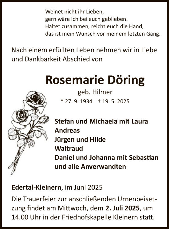 Traueranzeige von Rosemarie Döring von WLZ